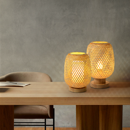 Rattan Weave Exquisite Lamp Shade | Bamboo Desk Table Lamp with Wood Base