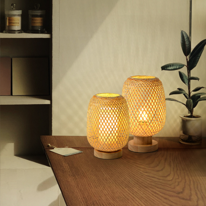Rattan Weave Exquisite Lamp Shade | Bamboo Desk Table Lamp with Wood Base