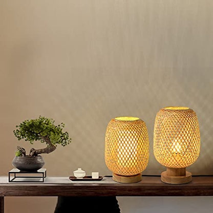 Rattan Weave Exquisite Lamp Shade | Bamboo Desk Table Lamp with Wood Base